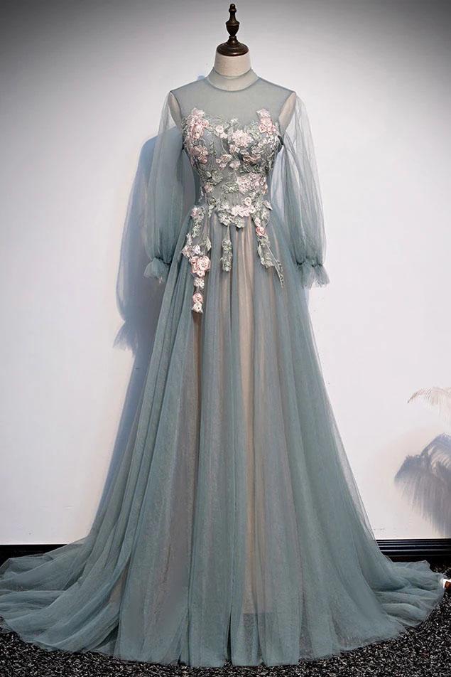 A Line Long Sleeves Tulle Prom Dress with Flowers, Unique Long Evening Dress with Applique M1060