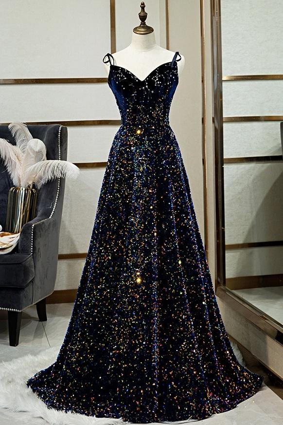 Sparkly Long A-line Lace Up Back Evening Prom Dresses Party Dress M1041