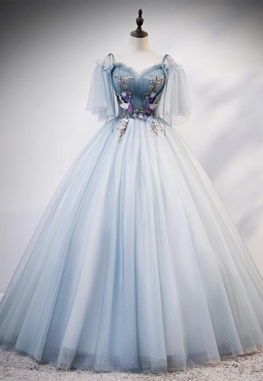 Robe de soirée longue en tulle bleu, coupe trapèze, M620