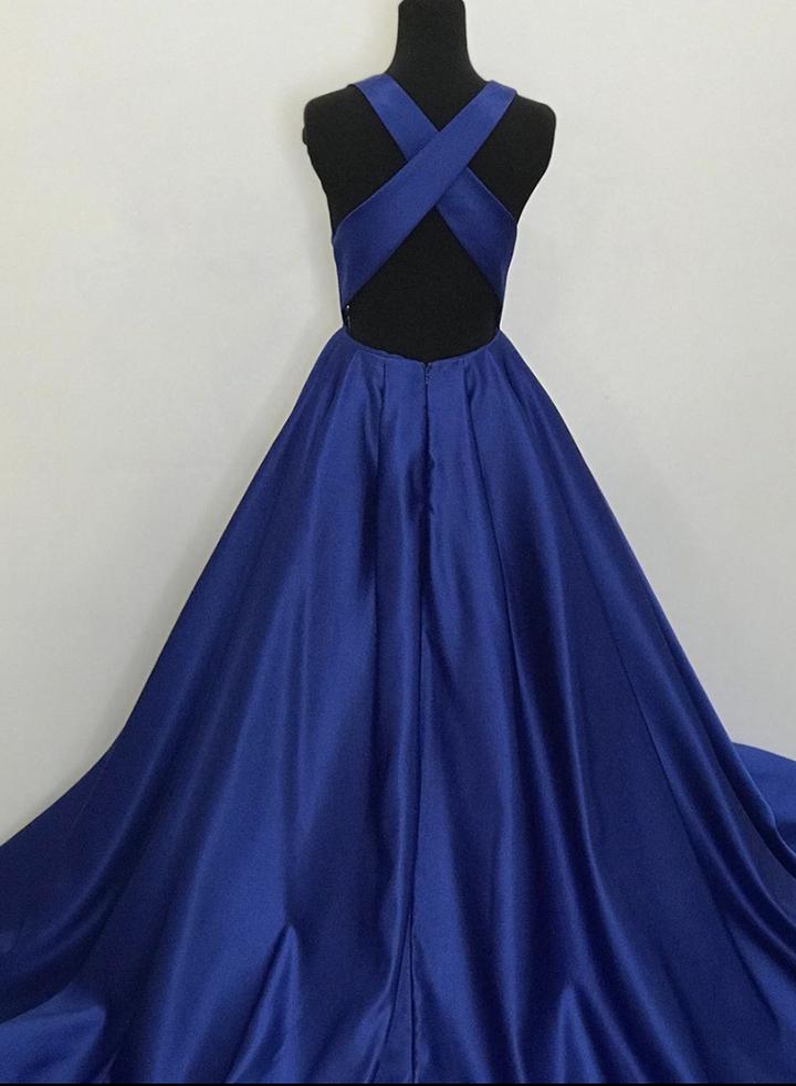 Robe de soirée longue en satin bleu à col en V M2262