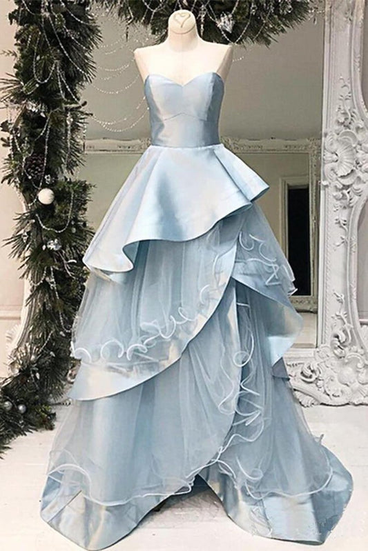 Robe de soirée longue trapèze bleu bébé à volants et décolleté en cœur, robe de bal senior M1624