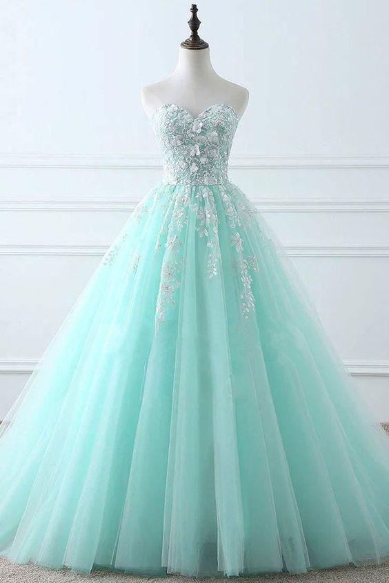Tiffany Blue Sweetheart Puffy Tulle Prom Dress with Lace Appliques, Lo ModelDressy Tiffany Blue Sweetheart Puffy Tulle Prom Dress with Lace Appliques, Lo ModelDressy