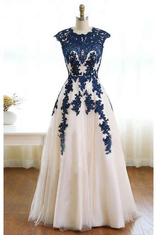 Robe de bal en tulle ivoire bleu foncé avec appliques, longueur au sol, élégante robe de soirée M1447