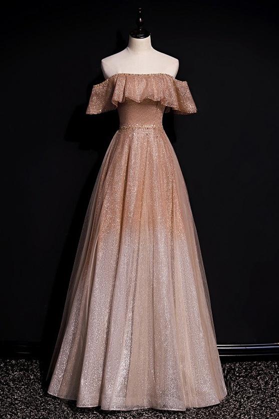 Robe de bal longue à paillettes et épaules dénudées, coupe trapèze, ombrée, chic, M1981
