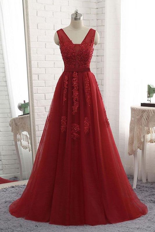 Robe de soirée bordeaux à col en V, longueur au sol, robe de bal longue en tulle avec appliques, M1466