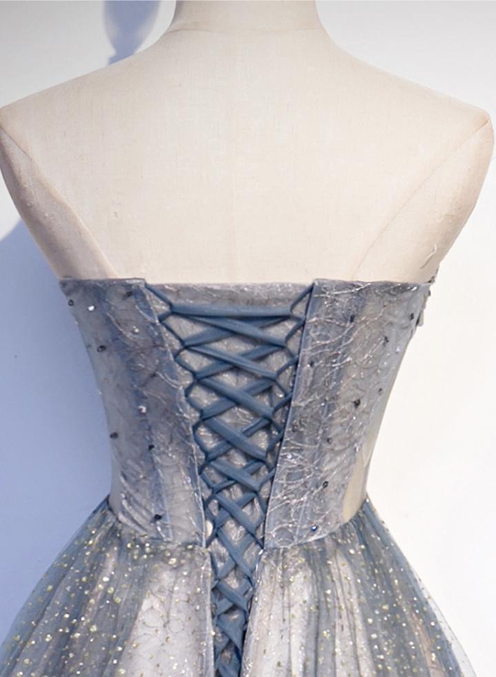 Robe de soirée longue en tulle gris avec perles M2258