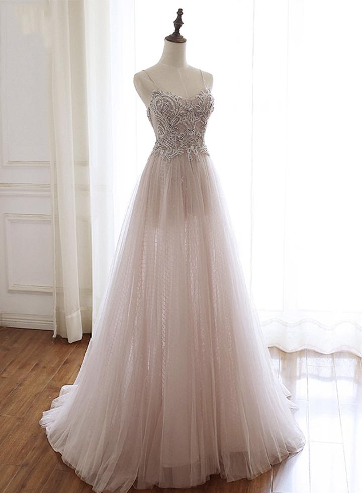 Pink tulle long prom dress pink evening dress M2430