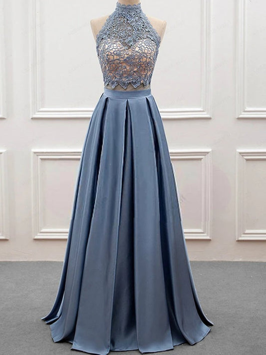 Robe de bal 2 pièces en dentelle bleue à col montant et dos nu, robe de soirée formelle deux pièces en dentelle bleue M2571