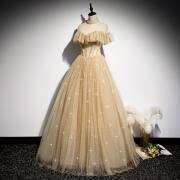 Robe de bal princesse transparente à col haut couleur champagne M988