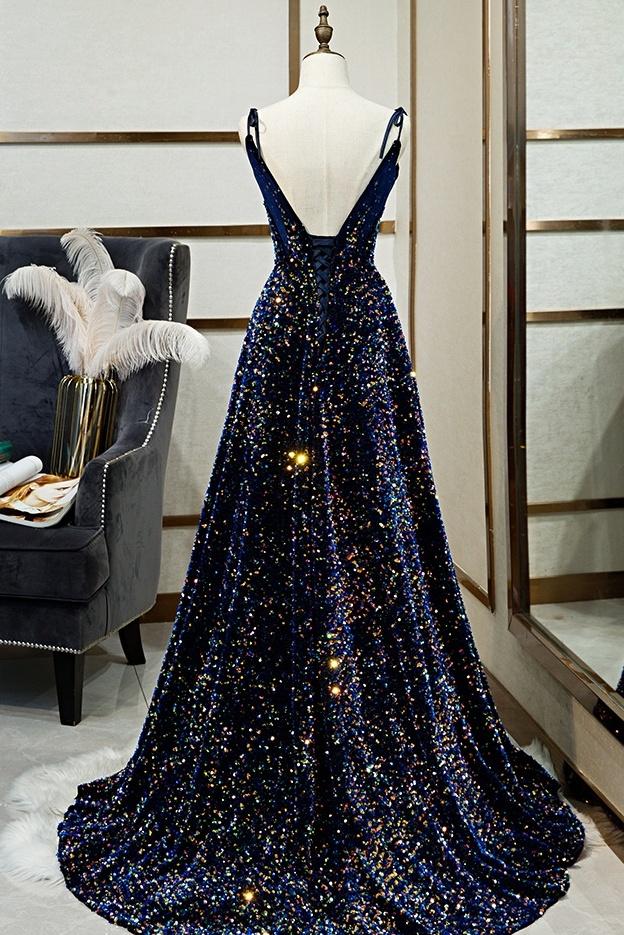 Sparkly Long A-line Lace Up Back Evening Prom Dresses Party Dress M1041