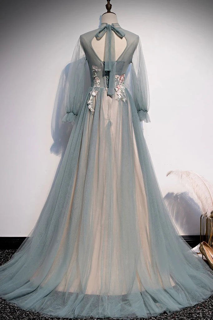 A Line Long Sleeves Tulle Prom Dress with Flowers, Unique Long Evening Dress with Applique M1060