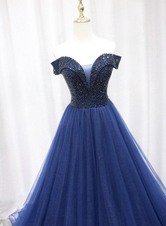Robe de bal longue en tulle bleu perlé M2314