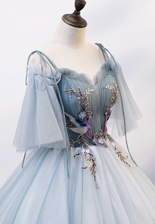 Robe de soirée longue en tulle bleu, coupe trapèze, M620