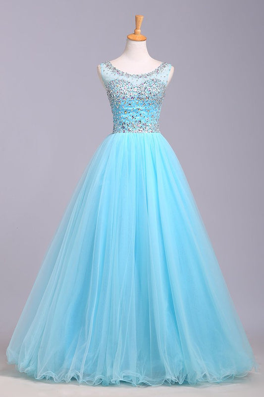 Robe de bal bleue en tulle sans manches avec paillettes, longueur au sol, bouffante, M1505