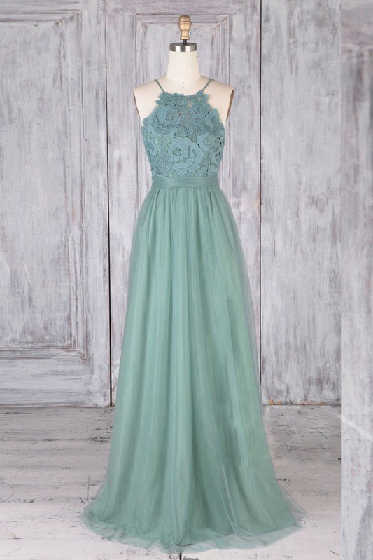 Robe de bal longue verte dos nu en dentelle, coupe trapèze, robe de soirée formelle de remise de diplôme en dentelle verte dos nu M3047