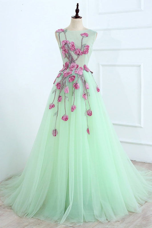 Robe de soirée trapèze en tulle vert menthe sans manches avec applications, longue robe de bal en tulle M1622