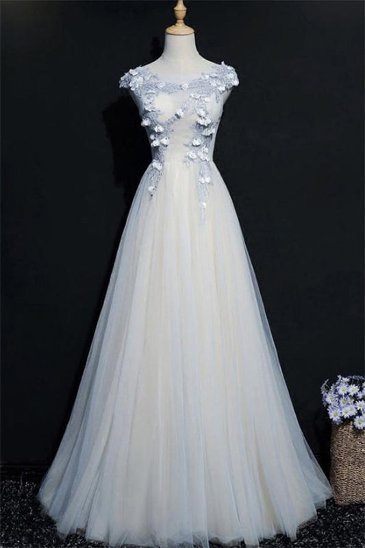 Robe de bal trapèze en tulle à manches courtes et longueur au sol, avec appliques et fleurs M1489