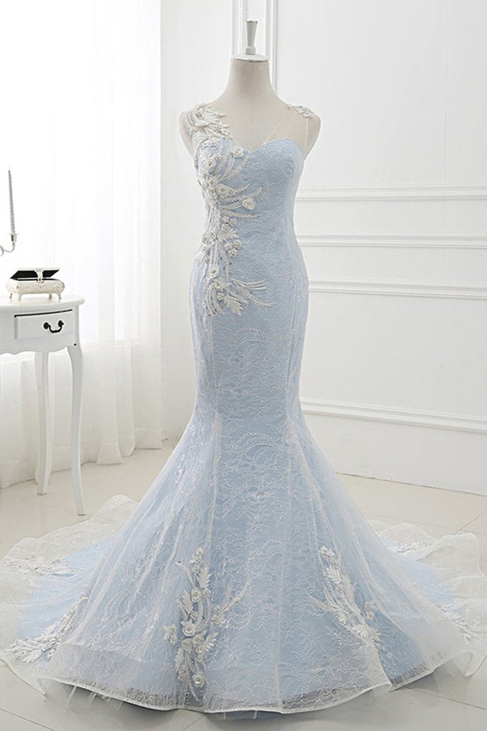 Baby Blue Sweep Train Lace Mermaid Evening Dresses, Formal Dress With Applique M1628
