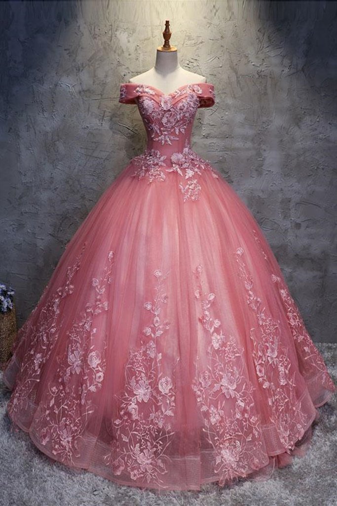 Gorgeous Off the Shoulder Pink Lace Appliques Long Prom Dress, Off Shoulder Pink Formal Dress, Pink Evening Dress, Ball Gown M2819