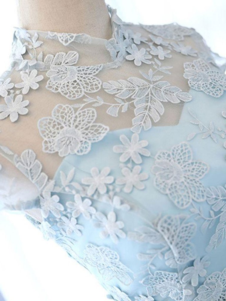 Robe de bal courte en dentelle bleue à col montant, robe de remise de diplôme courte en dentelle bleue M2482