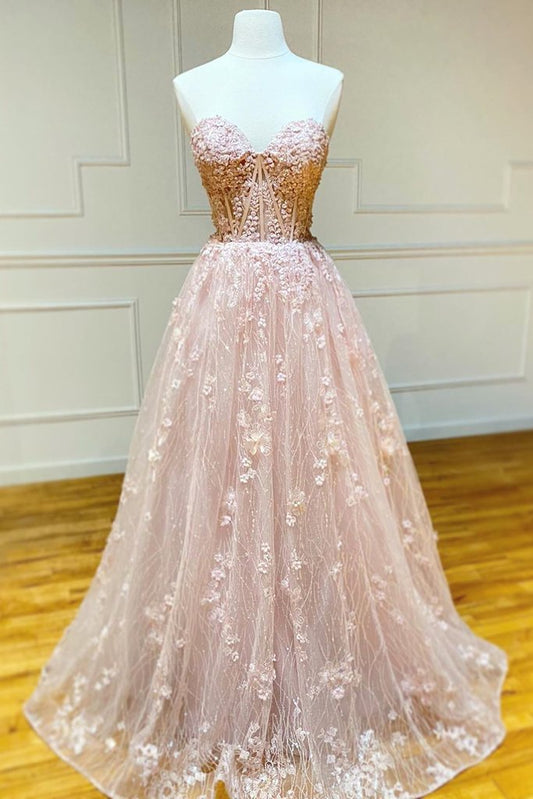 Robe de bal longue bustier en dentelle rose, décolleté en cœur, robe de soirée formelle en dentelle rose M2719