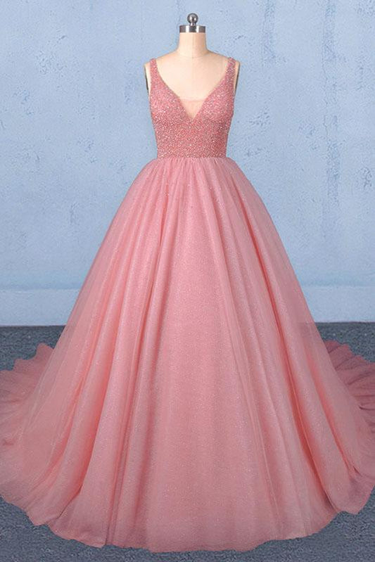 Robe de bal en tulle à col en V et perles, robe de Quinceanera bouffante sans manches M1850