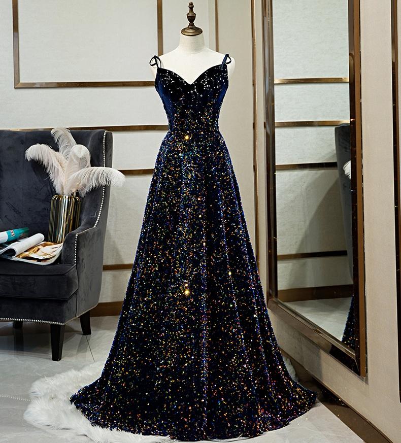 Sparkly Long A-line Lace Up Back Evening Prom Dresses Party Dress M1041