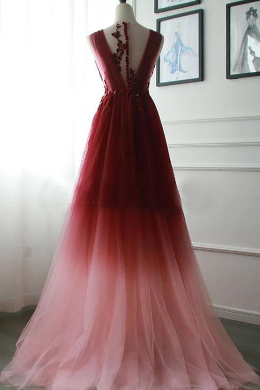 A Line V Neck Tulle Ombre Prom Dress, Cheap Appliqued Party Dresses M1880