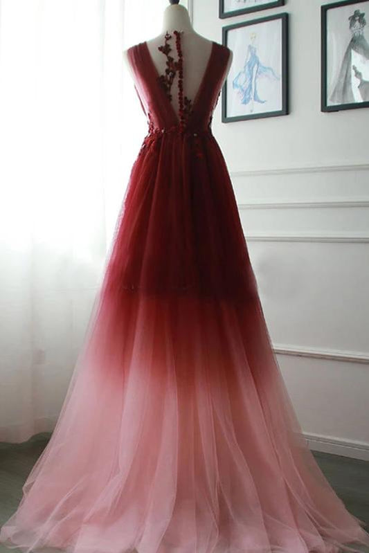 Robe de bal trapèze en tulle ombré, col en V, avec applications, bon marché, M1880