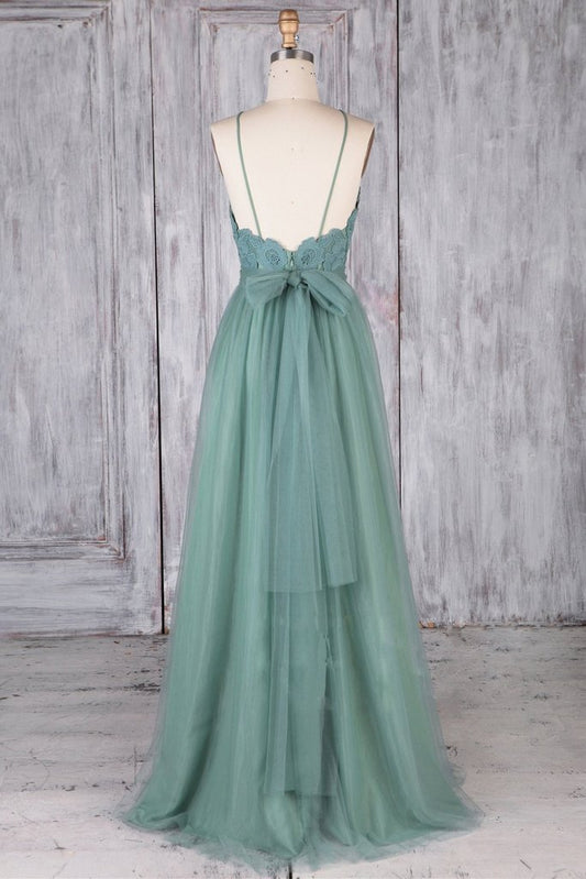 Robe de bal longue verte dos nu en dentelle, coupe trapèze, robe de soirée formelle de remise de diplôme en dentelle verte dos nu M3047
