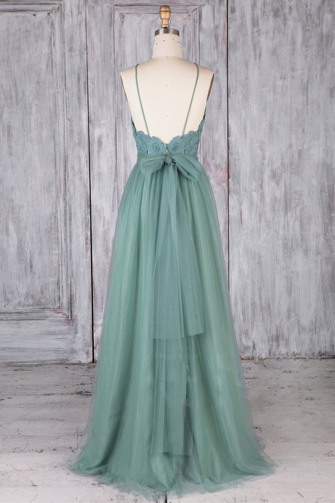 Robe de bal trapèze dos nu en tulle vert, robe de soirée formelle de remise de diplômes M3047