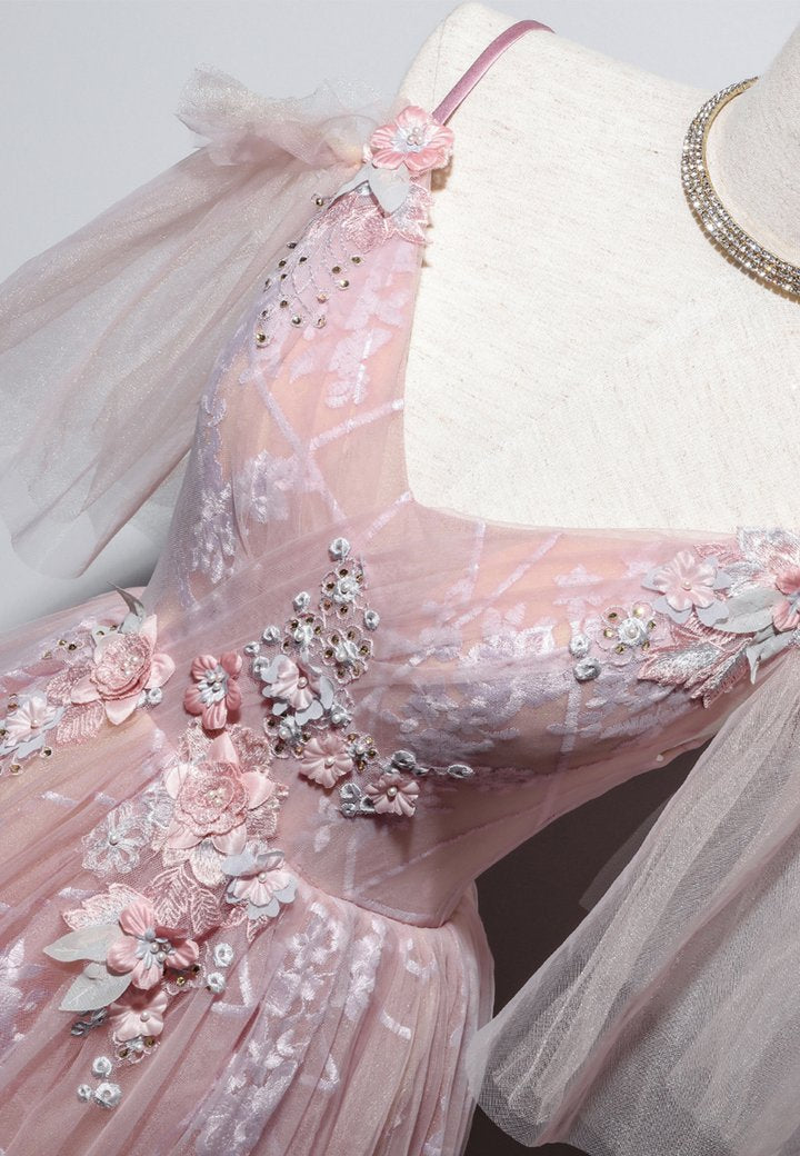 Pink v neck tulle long prom dress pink evening dress M603