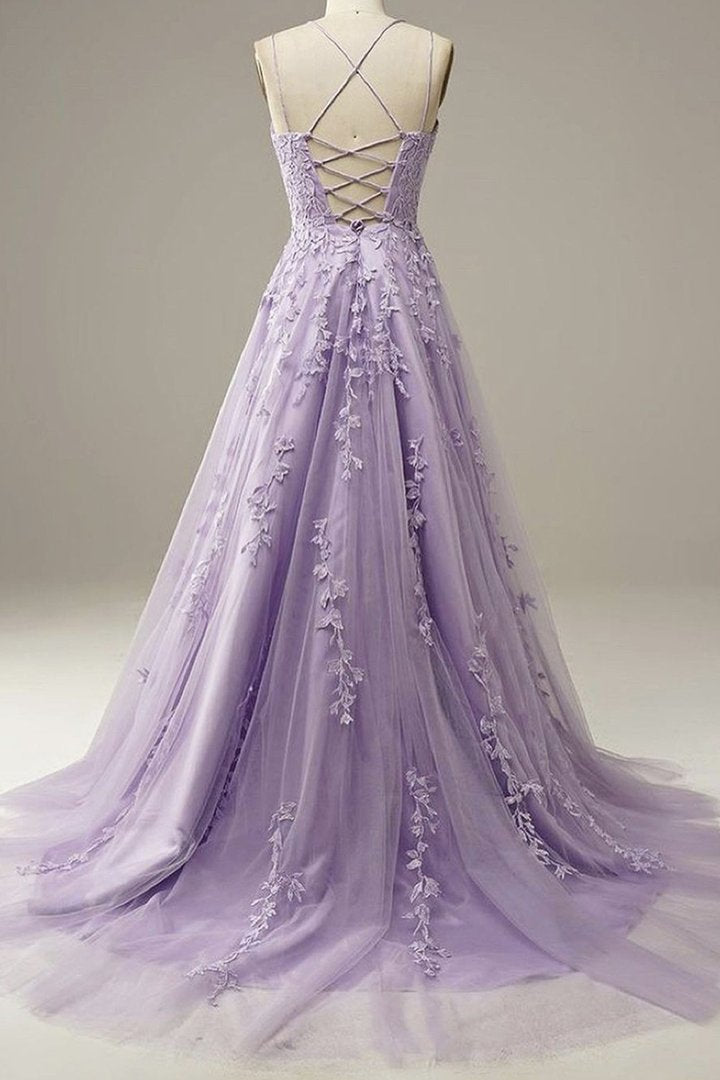 Robe de soirée longue en dentelle violette, coupe trapèze, M2169