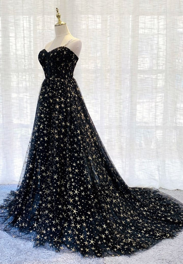 Black tulle long prom dress black evening dress M668