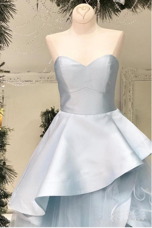 Robe de soirée longue trapèze bleu bébé à volants et décolleté en cœur, robe de bal senior M1624