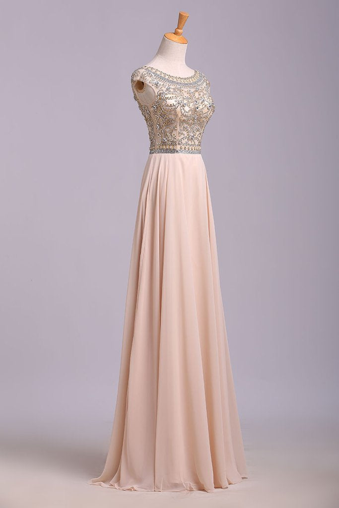 A Line Floor Length Scoop Chiffon Prom Dress, Beading Long Evening Dresses M1508