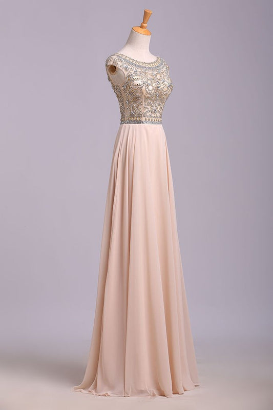 Robe de bal trapèze longue en mousseline de soie, robe de soirée longue ornée de perles M1508