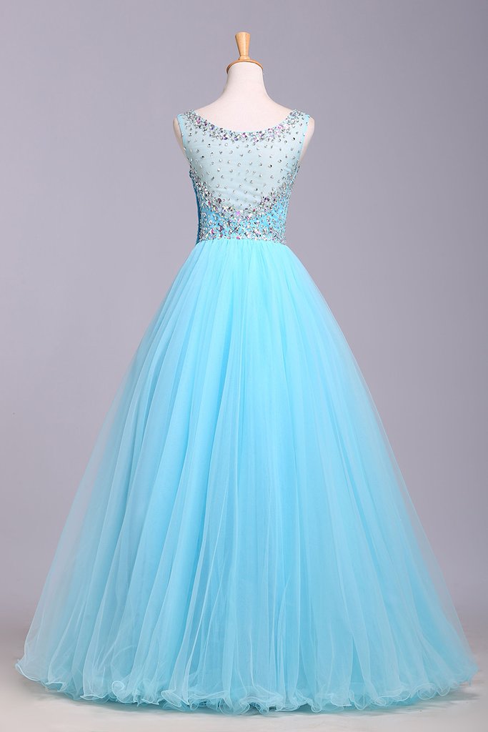 Robe de bal bleue en tulle sans manches avec paillettes, longueur au sol, bouffante, M1505