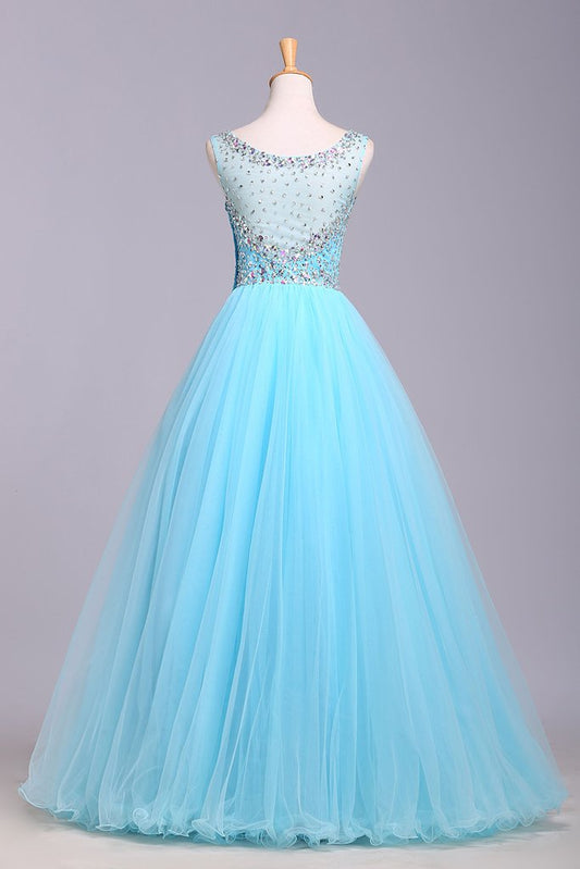 Robe de bal bleue en tulle sans manches avec paillettes, longueur au sol, bouffante, M1505