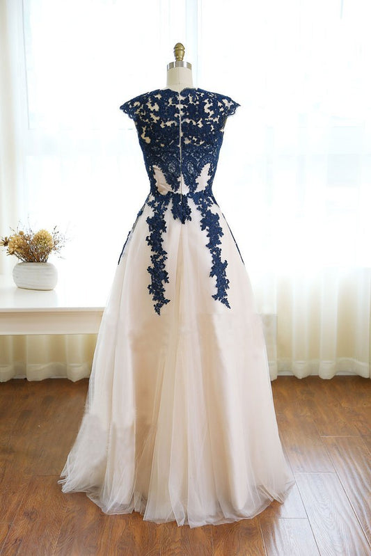 Robe de bal en tulle ivoire bleu foncé avec appliques, longueur au sol, élégante robe de soirée M1447