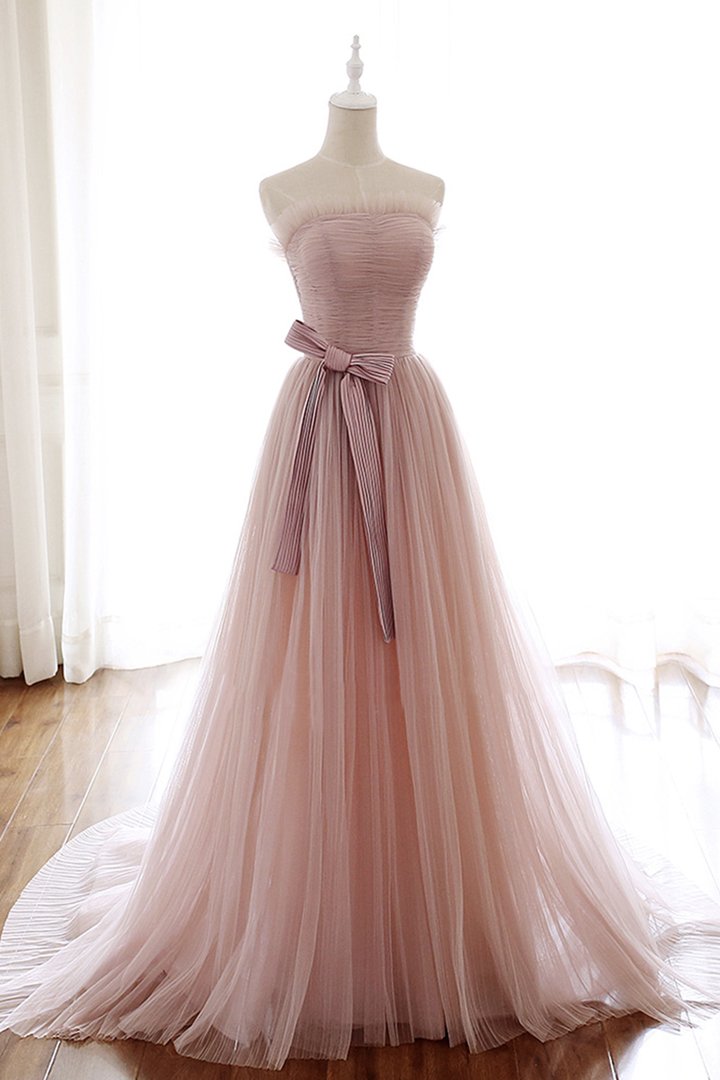 Robe de soirée longue en tulle rose, coupe trapèze, M2216