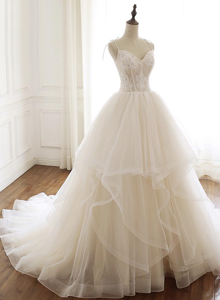 Robe de bal longue en tulle et dentelle champagne M2365