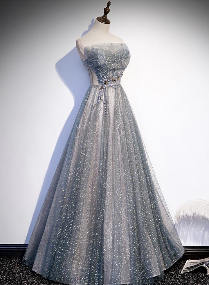 Robe de soirée longue en tulle gris avec perles M2258