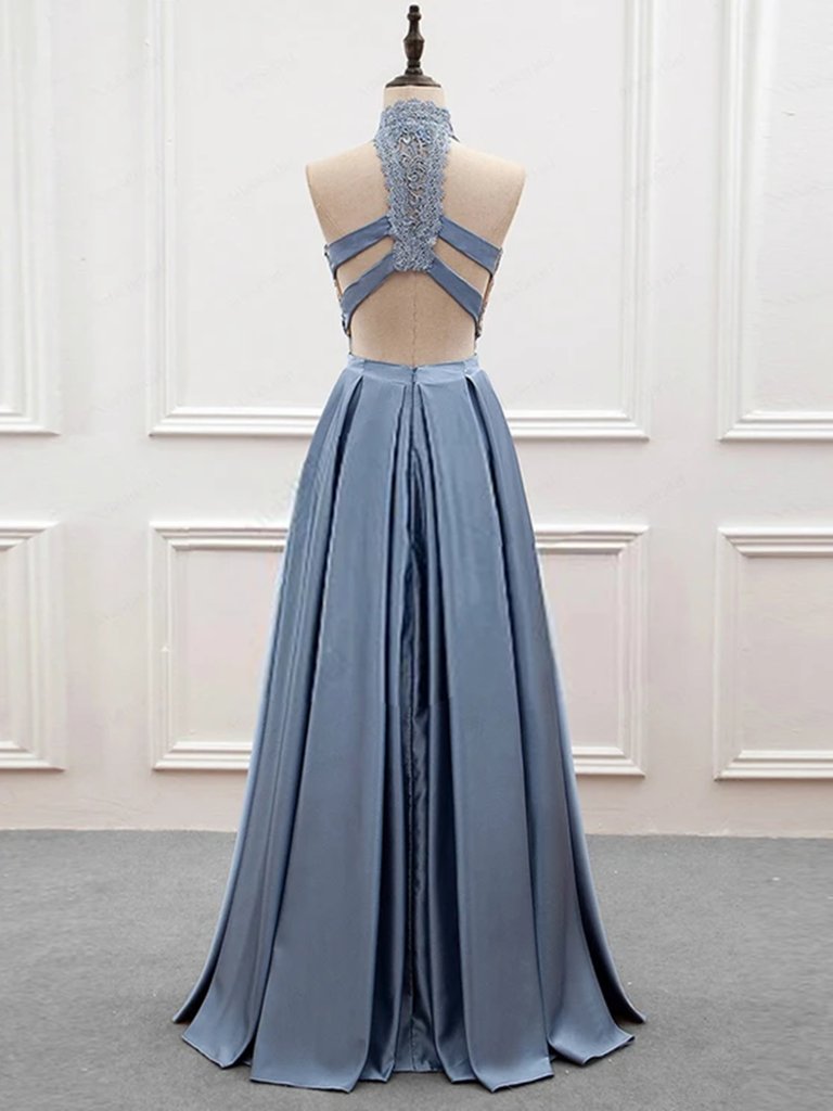 2 Pieces High Neck Blue Lace Prom Dresses, Open Back Two Pieces Blue Lace Formal Evening Dresses M2571