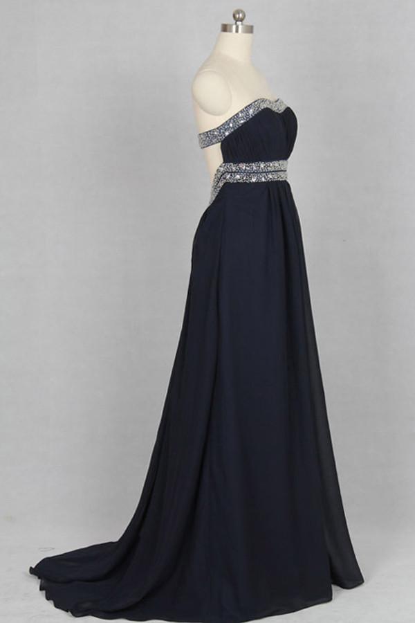 Robe de soirée longue noire en mousseline de soie avec cristaux M1308