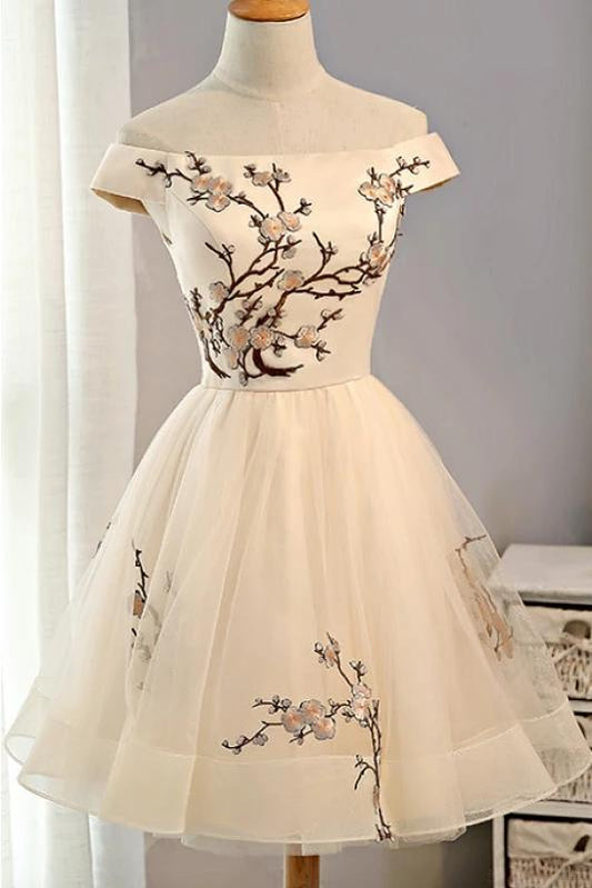 Robe de soirée courte en tulle, épaules dénudées, avec appliques, M1752