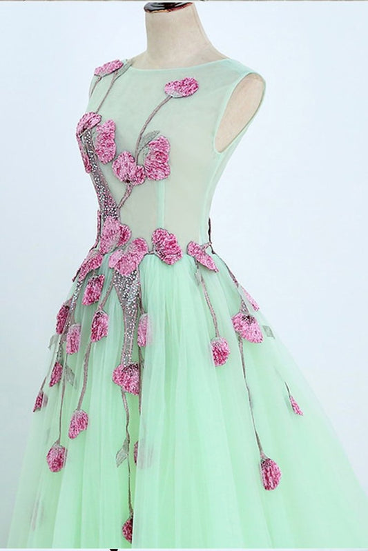Robe de soirée trapèze en tulle vert menthe sans manches avec applications, longue robe de bal en tulle M1622