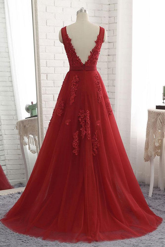 Robe de soirée bordeaux à col en V, longueur au sol, robe de bal longue en tulle avec appliques, M1466