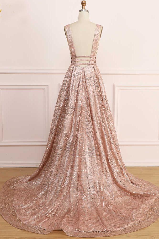 A Line Deep V Neck Long Prom Dress with Sequins, Glitter Sleeveless Evening Dress M1825