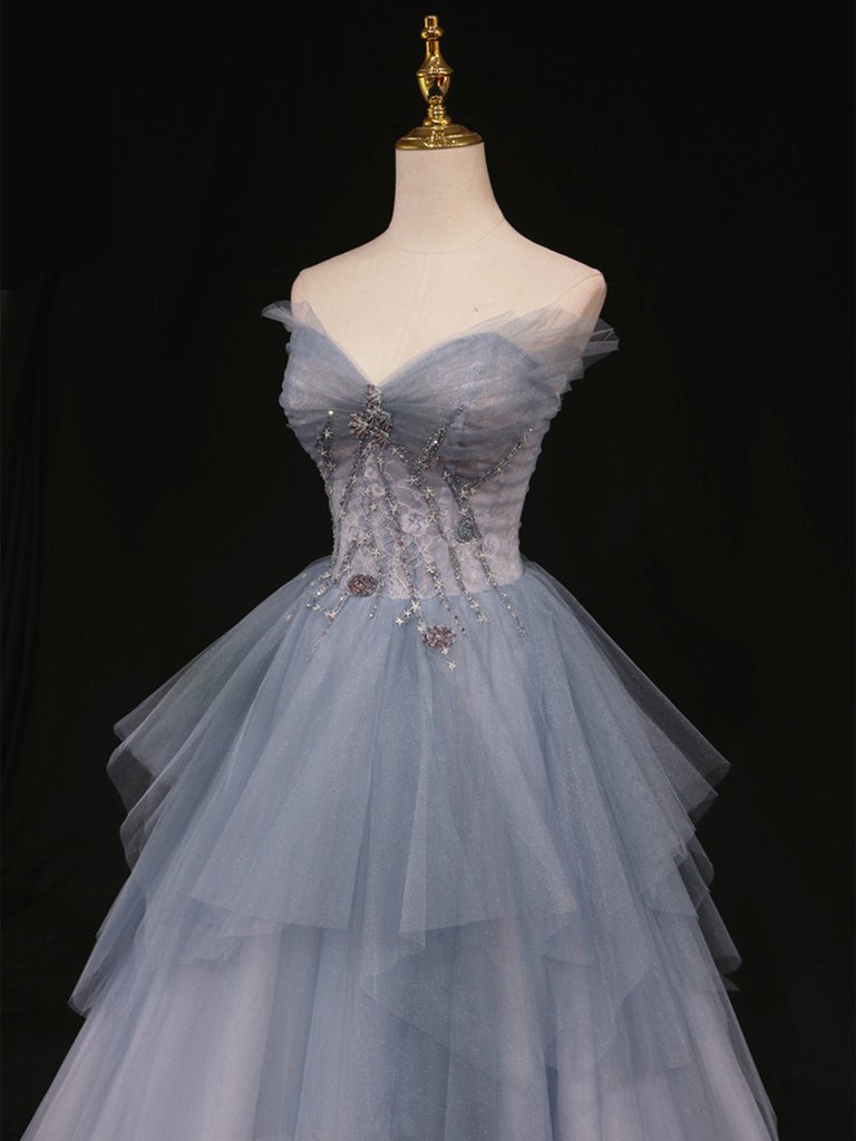 Sweetheart Neck Blue Ombre Tulle Long Prom Dresses, Blue Ombre Long Tulle Formal Evening Dresses M2576